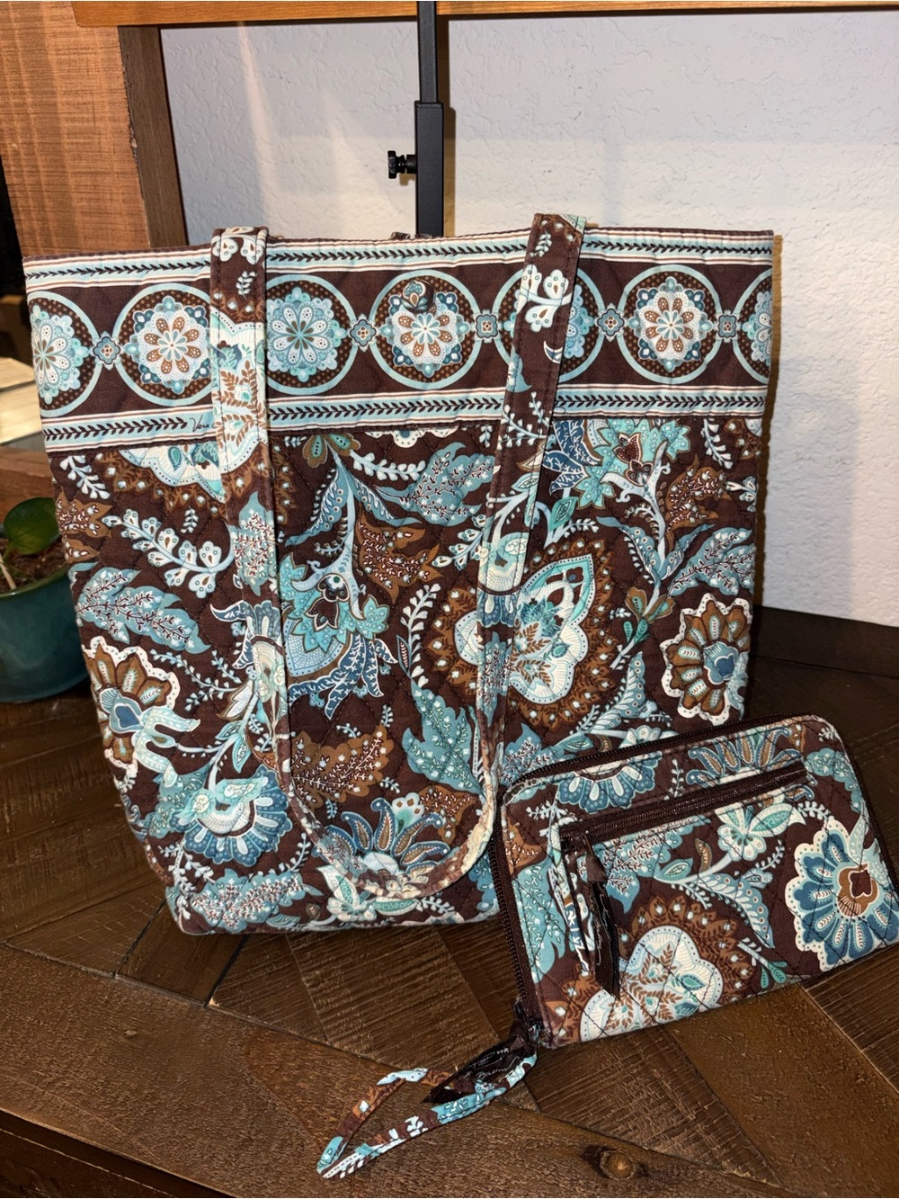 Vera Bradley Brown and Teal Quilted Floral Tote with Matching Wallet